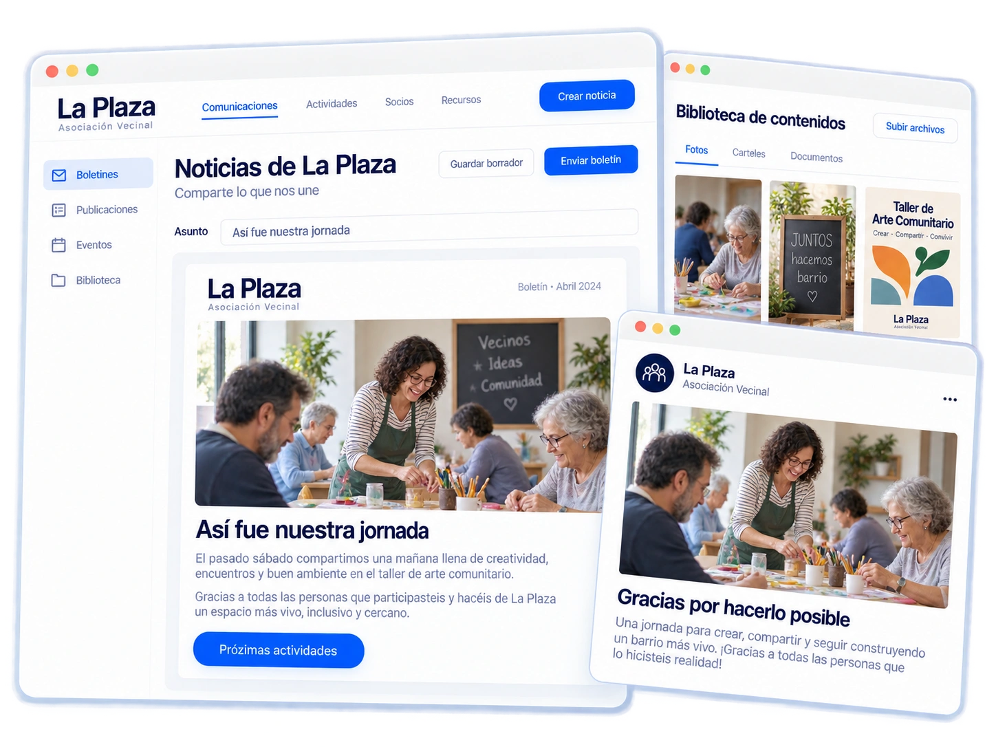 Boletín y publicación de La Plaza preparados a partir de fotografías y materiales de una actividad comunitaria.