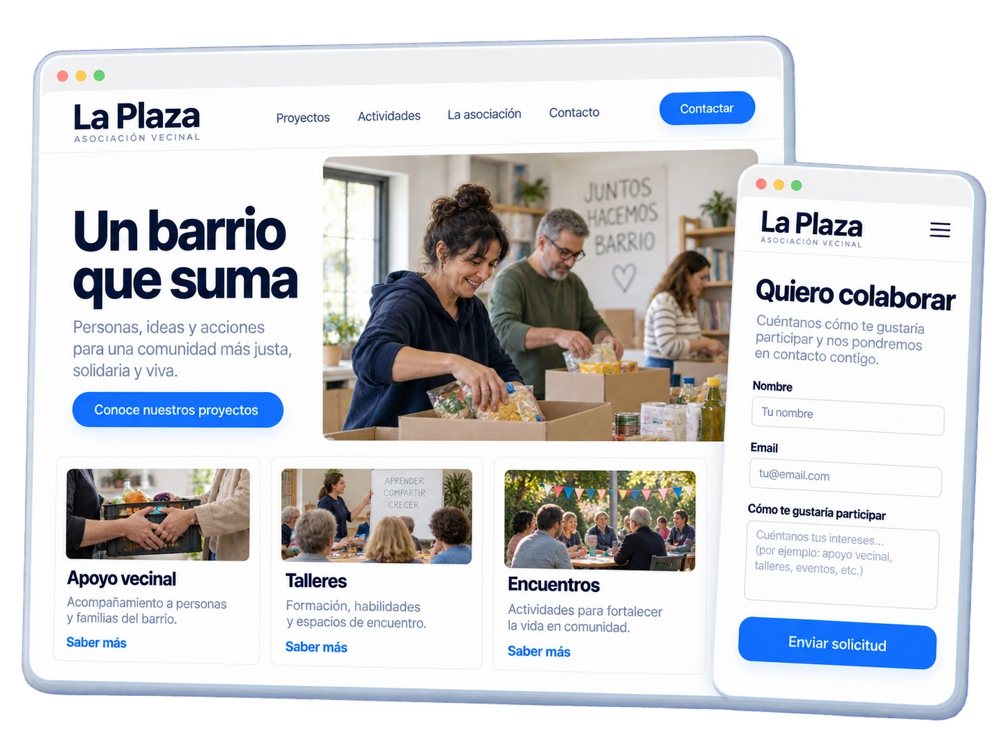 Web de la asociación La Plaza con proyectos comunitarios y un formulario para solicitar colaborar.