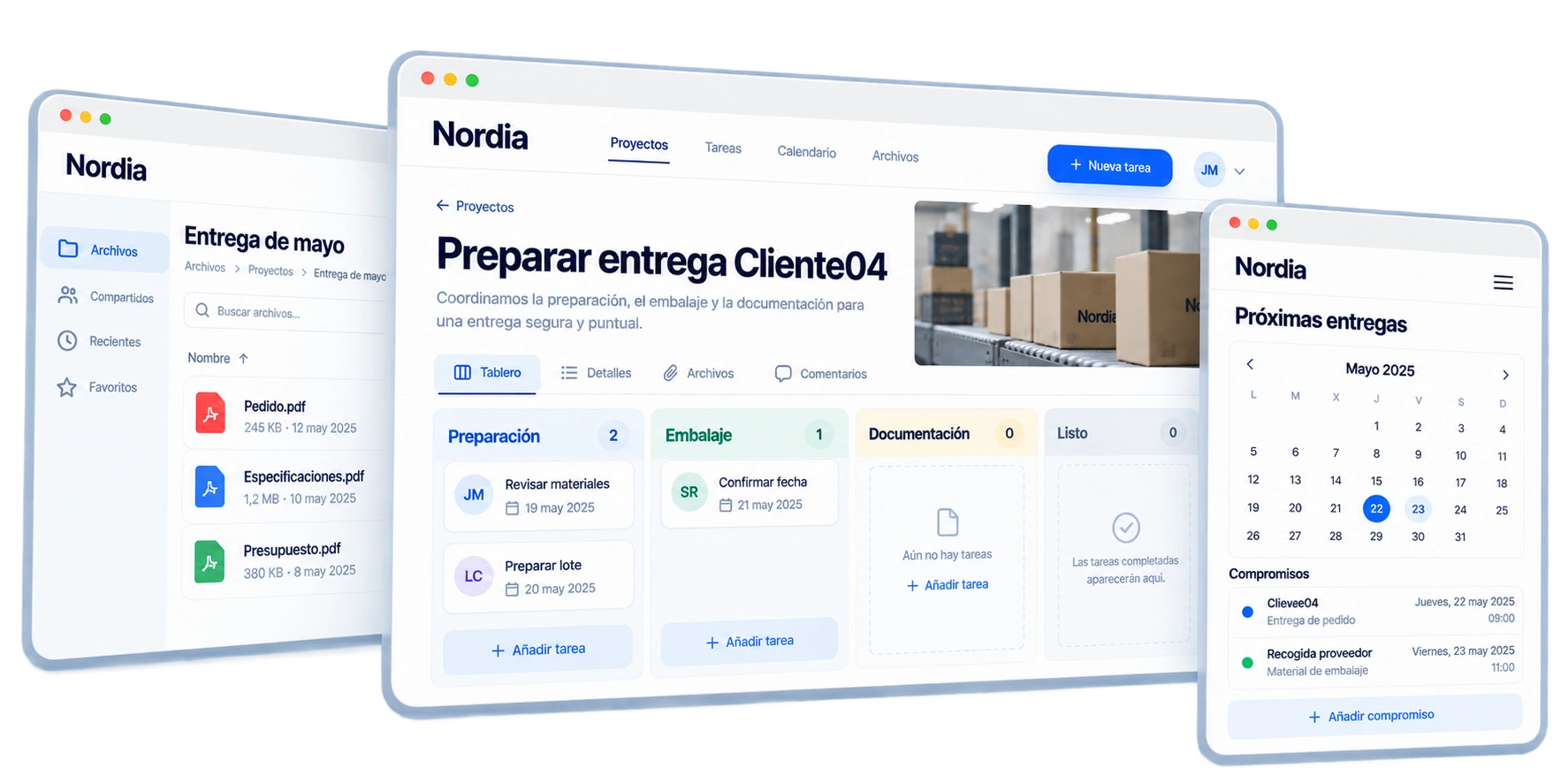 Proyecto de entrega de Nordia con fases de tareas, documentos relacionados y calendario compartido.