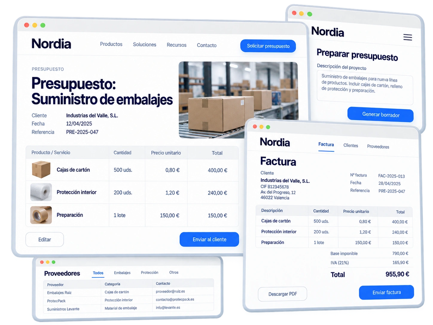 Presupuesto de suministro de embalajes con asistente de borrador y factura limpia de Nordia.