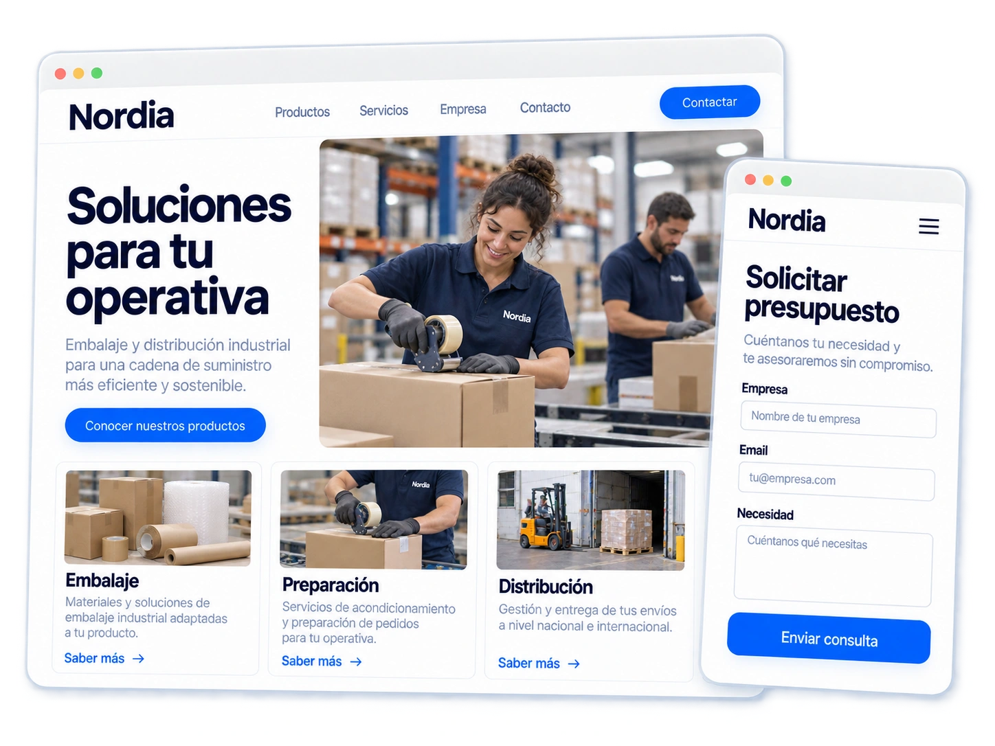 Web industrial de Nordia con catálogo de embalaje, preparación y distribución y formulario comercial.
