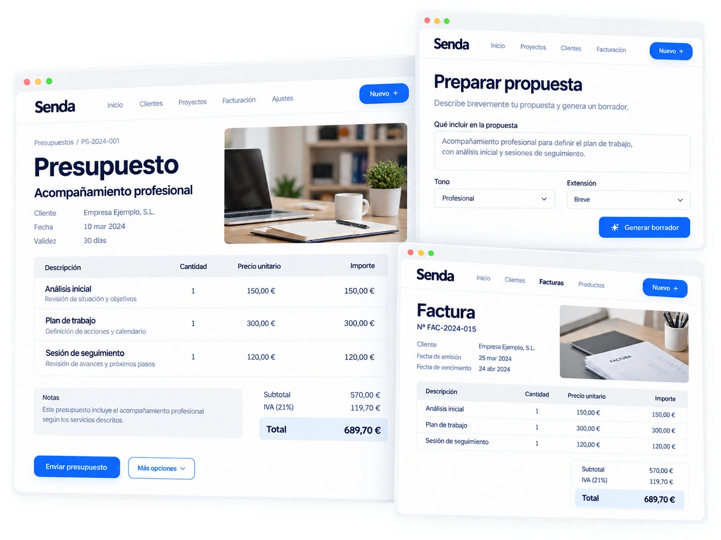 Presupuesto profesional, asistente para preparar una propuesta y factura limpia de Senda.