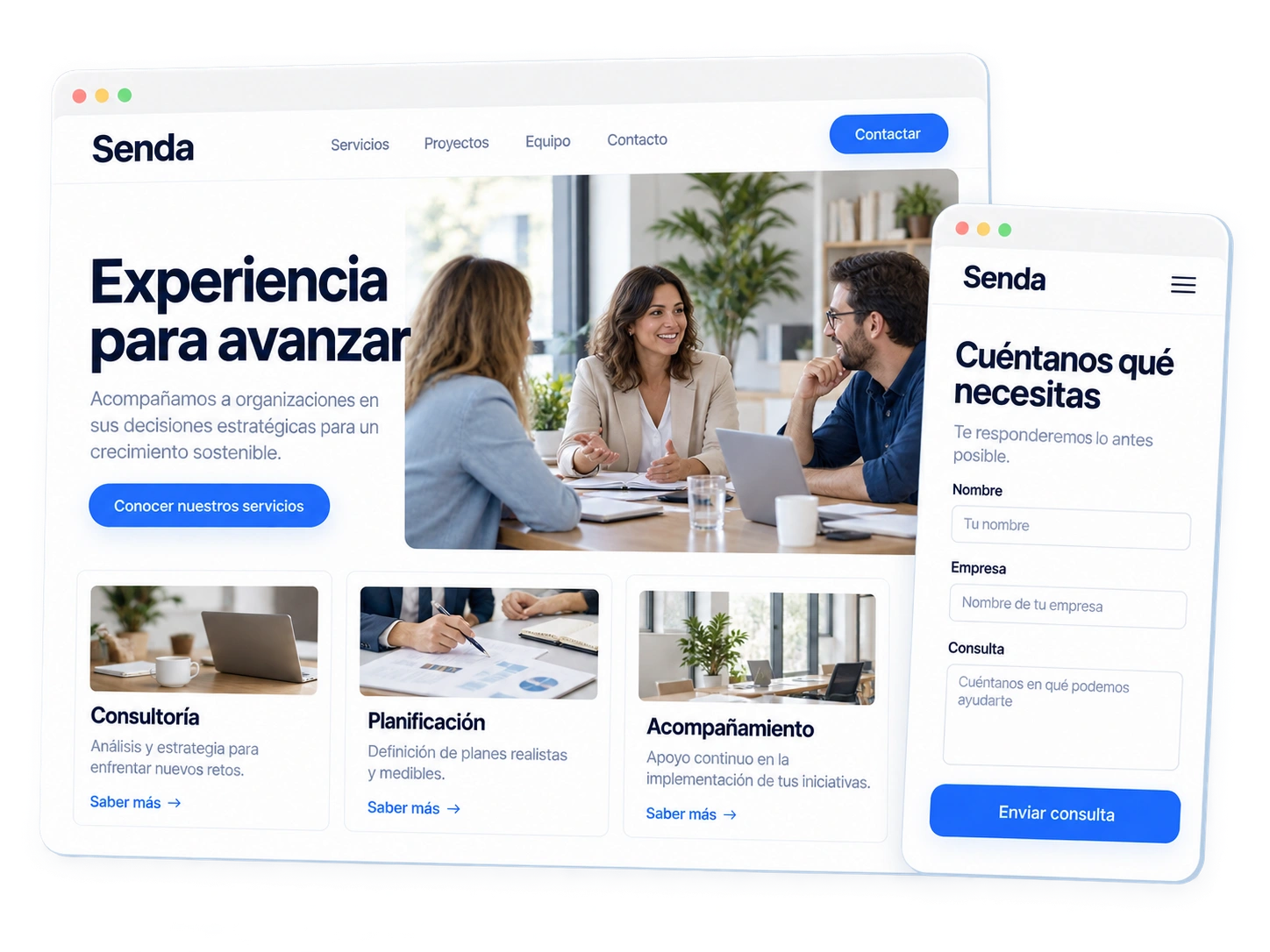Web de Senda con servicios profesionales y formulario de consulta en móvil.