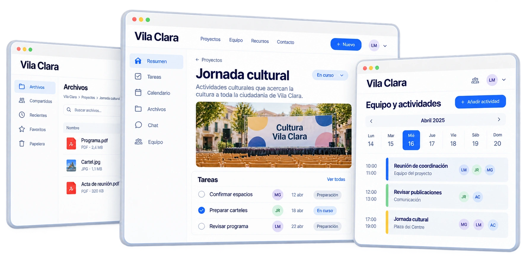 Proyecto de una jornada cultural con tareas, documentos compartidos y agenda del equipo de Vila Clara.