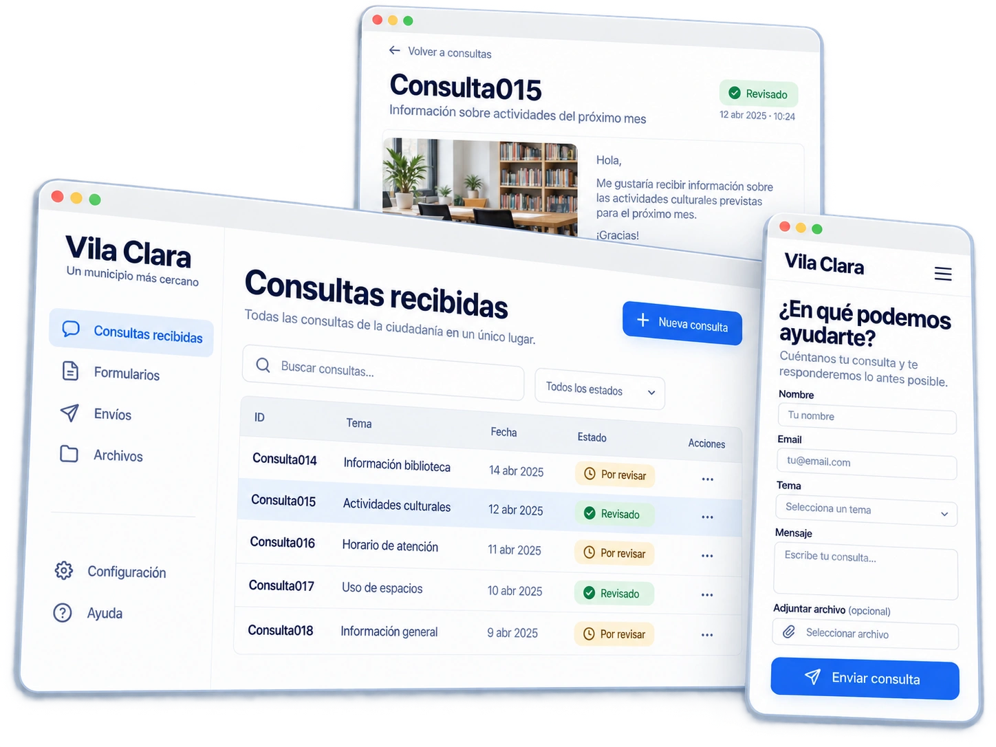 Formularios de consulta de Vila Clara con respuestas pendientes de revisión y archivos adjuntos opcionales.
