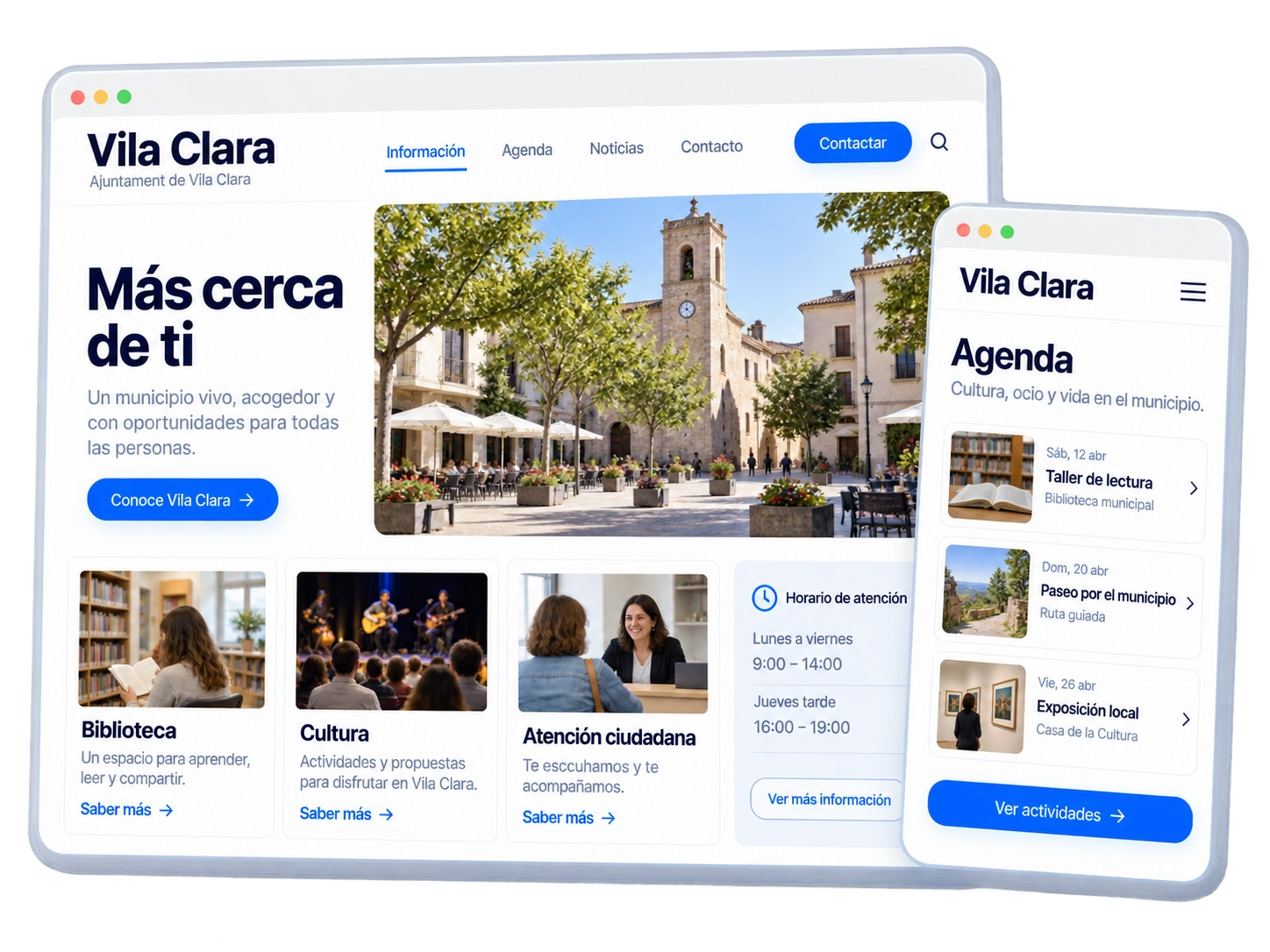 Web informativa de Vila Clara con servicios, horarios y agenda de actividades culturales.