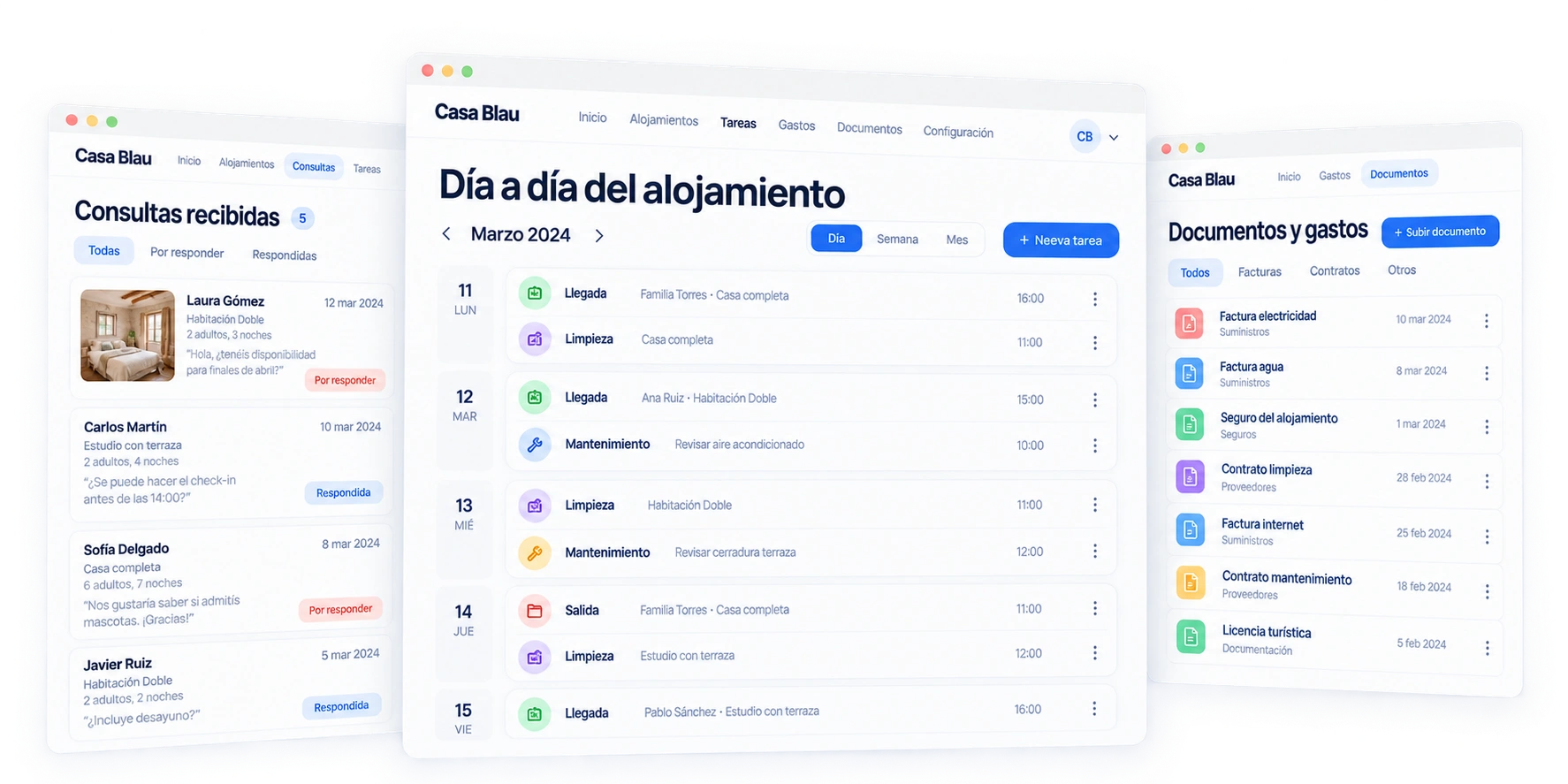 Consultas de huéspedes, tareas del alojamiento y documentos organizados en paneles de esmolt.