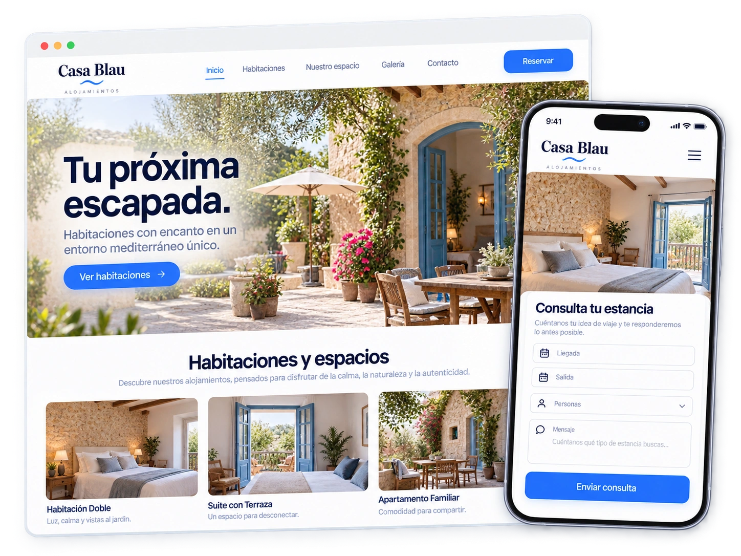 Web de Casa Blau con habitaciones y un formulario de consulta de estancia.