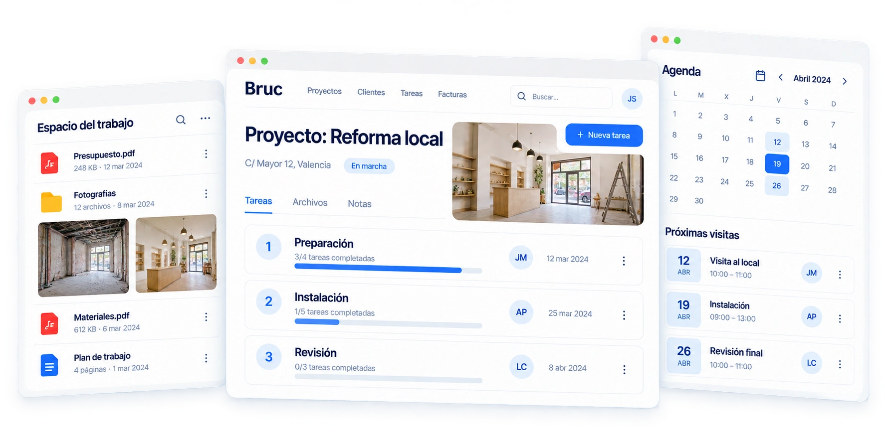Proyecto de reforma con archivos del trabajo, fases de tareas y agenda de próximas visitas.