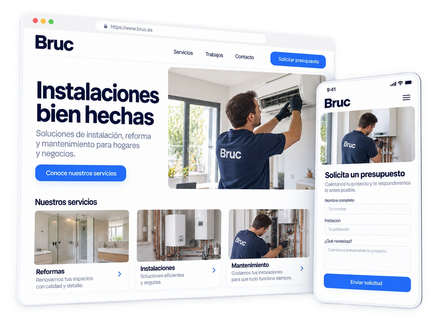 Web de servicios técnicos de Bruc con trabajos realizados y solicitud de presupuesto en móvil.