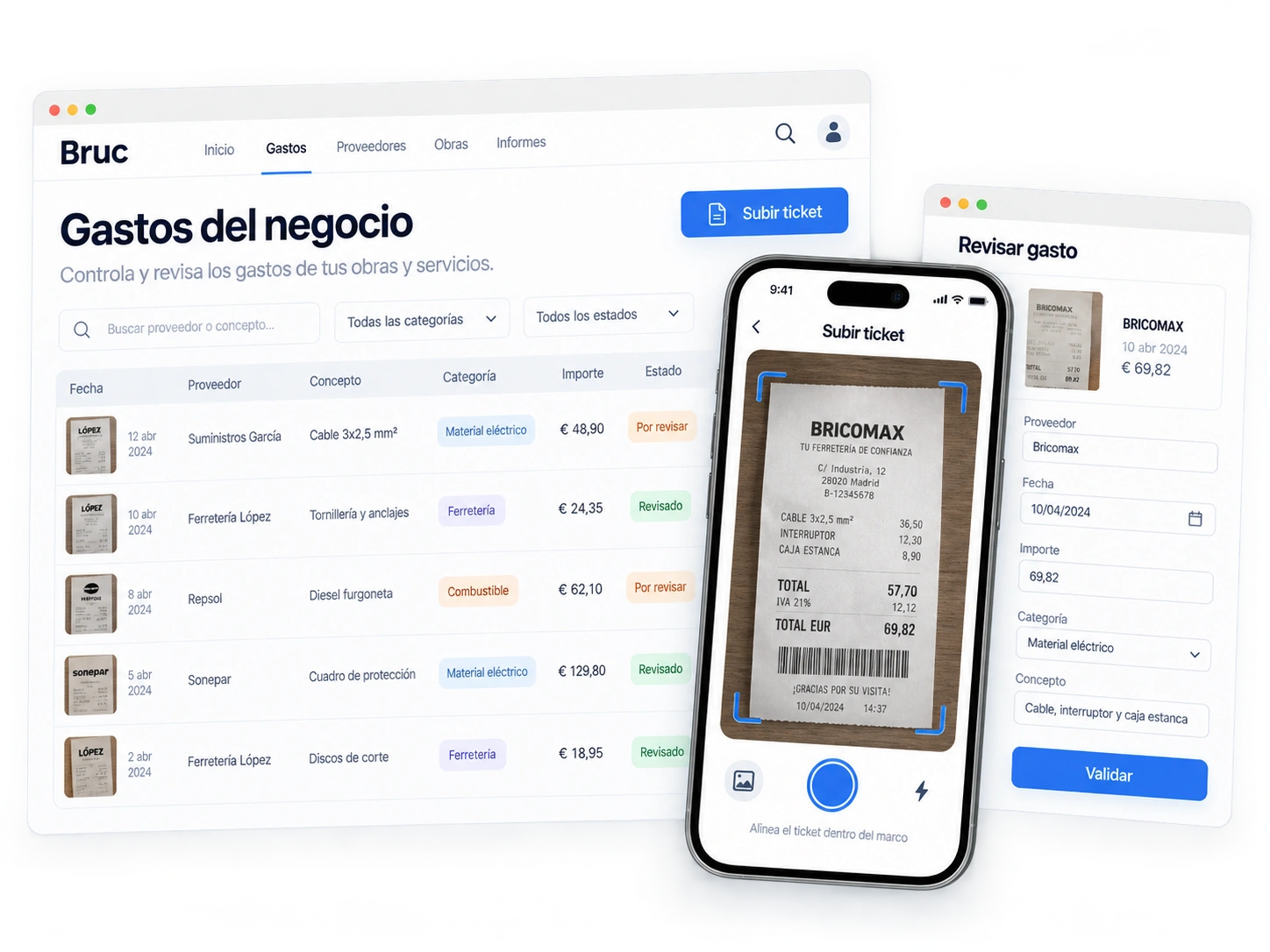 Listado de gastos, subida de un ticket desde móvil y revisión de los datos extraídos.